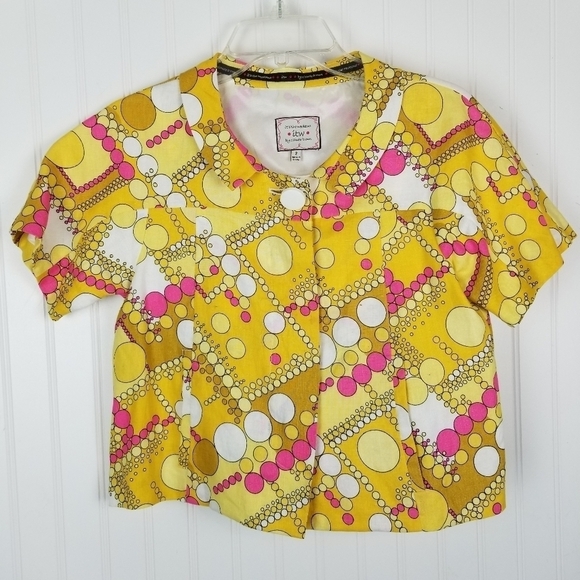 ITW Linen Retro Style Print One Button Swing Blazer Jacket Size 2 Short Sleeve - Picture 16 of 16